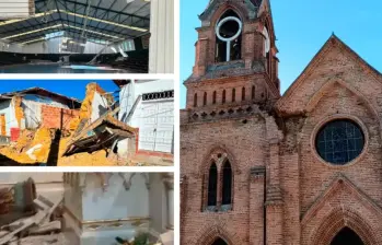 La fachada de la iglesia principal de Venecia (derecha), sufrió afectación en una de sus cúpulas. A la izquierda: daños en Sonsón y en la iglesia de Jardín. FOTOS Cortesía. 