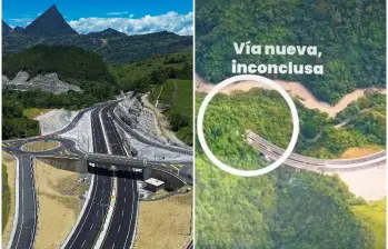 Pese a ya estar casi terminada, Pacífico 1 todavía está pendiente de concluir un tramo crítico en el sector de La Sinifaná, afectado por un derrumbe en 2019. FOTOS: Manuel Saldarriaga y Cortesía Gobernación de ANtioquia