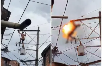 Momento exacto en el que el hombre recibe la descarga eléctrica al estar trepado en un poste. Imágenes tomadas de video de redes sociales.