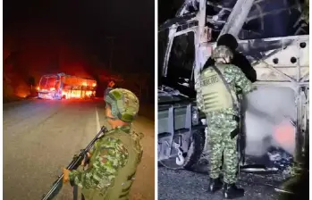 En Antioquia, uno de los hechos más graves por el paro armado del ELN fue la quema de un bus en el sector La Paulina, en Valdivia. FOTOS: Cortesía Ejército