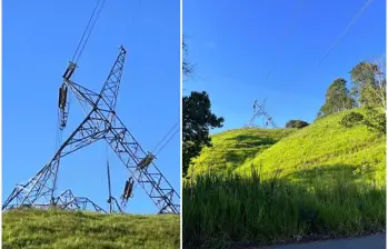 Así quedó una de las torres de energía afectadas por el atentado atribuido por las autoridades a las Disidencias de las Farc en Yolombó, Antioquia. FOTO: Cortesía