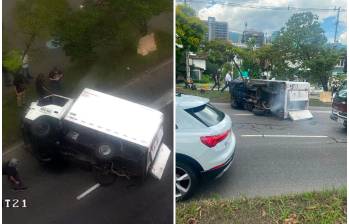 Así quedó el camión volcado en la avenida Regional. FOTOS Denuncias Antioquia. 