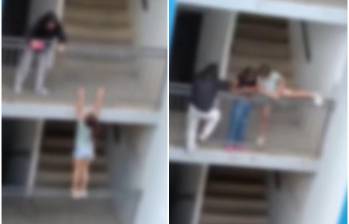 El peligroso juego de las niñas en un edificio de la Ciudadela Nuevo Occidente quedó captado en video. FOTO: Cortesía Denuncias Antioquia