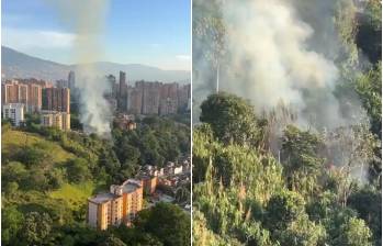 Así se veía, a lo lejos y de cerca, el incendio forestal que alarmó a la comunidad de Belén, cerca a la Loma de Los Bernal. FOTOS Denuncias Antioquia. 