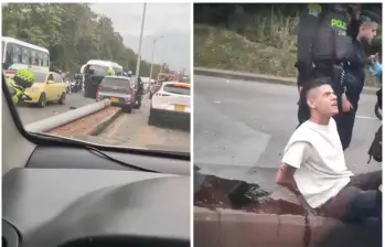 Así quedó el poste, tendido en todo el separado de ambos carriles de la autopista Norte; a la derecha el conductor involucrado. FOTO Denuncias Antioquia.