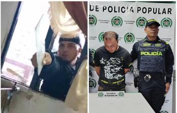 En el lado izquierdo, el momento en el que el sujeto intimida con un fragmento de vidrio a su expareja; al costado derecho, el mismo hombre ya capturado. FOTOS Cortesía.