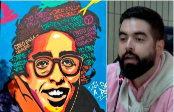 El mural de Jaime Garzón fue pintado en la Institución Educativa La Paz. A la derecha, el concejal Alejandro Sánchez. FOTOS: Cortesía