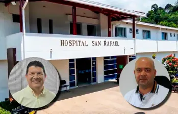 El hospital San Rafael, de Andes, está en una situación financiera difícil a la que se une el problema jurídico originado desde que el alcalde, Germán Vélez, le aceptó la renuncia al director Luis Fabián Otero (der.). FOTOS: Tomadas de redes sociales y captura de video