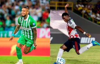 Cristian “Chicho” Arango, experimentado jugador de Nacional, y Joel Canchimbo, juvenil de exportación en Junior. FOTO JUAN ANTONIO SÁNCHEZ 