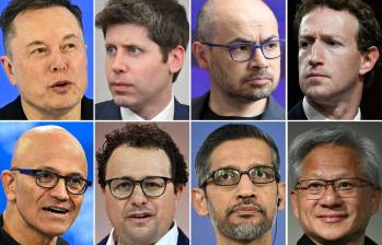 De arriba a la izquierda, en el sentido de las agujas del reloj: CEO de Tesla y X, Elon Musk; CEO de OpenAI, Sam Altman; cofundador y presidente de DeepMind, Demis Hassabis; CEO de Meta, Mark Zuckerberg; CEO de Microsoft, Satya Nadella; CEO de Anthropic, Dario Amodei; CEO de Google, Sundar Pichai; CEO de Nvidia, Jensen Huang. Los principales ejecutivos de IA dicen que quieren frenar el ritmo vertiginoso del desarrollo de la inteligencia artificial, pero la competencia, la reticencia del gobierno estadounidense y los factores geopolíticos se interponen en el camino. Foto: AFP