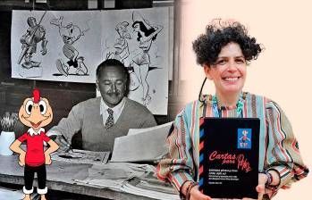 Al fondo el chileno René Ríos Boettiger con su mayor creación, Condorito. A la derecha la escritora Claudia Stern, autora del libro que explora la vida del dibujante latinoamericano. FOTOS Cortesía