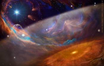 Recreación artística de la Nebulosa de la Langosta basada en el estudio de los espectros arrojados por el telescopio espacial James Webb. FOTO Cortesía Fortuna y Ramírez Tannus.