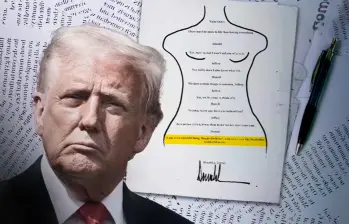 Página del álbum en la que se incluyen el mensaje de Trump a Epstein. FOTO: Captura de video y Getty