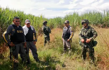 Algunos de los celadores rescatados en el municipio de Corinto, los cuales se habían escondido en un cultivo de caña junto a la vía. FOTO: CORTESÍA DEL EJÉRCITO.