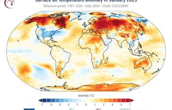 Anomalía de la temperatura del aire superficial para enero de 2025 con respecto al promedio de enero para el período 1991-2020. FOTO C3S/ECMWF. Europa Press