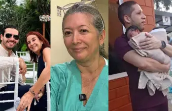 De izquierda a derecha: Mateo Yepes y su madre Martha Serna; Claudia Komaromy, anestesióloga, y el pediatra Germán Somoyar Duarte. Fotos: redes