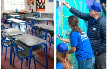Fuera de la entrega del mobiliario, el voluntariado de Postobón pintó murales en los colegios. FOTOS: ALCALDÍA