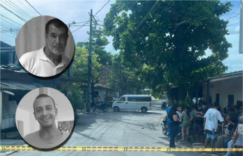 Atrás, imagen de la zona del crimen acordonada. Adelante, fotos de Luis Albeiro Serna Henao y Joseph Felipe Álvarez Bustamante, quienes murieron en el hecho. Fotos: cortesía.