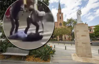 La golpiza ocurrió en el parque San José de Envigado. Fotos: captura del video y EL COLOMBIANO.