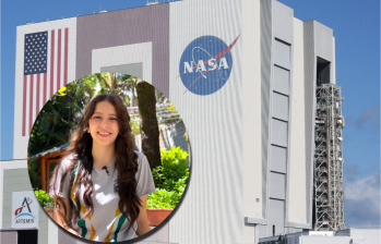 La estudiante irá al Centro Espacial Kennedy, en Florida, Estados Unidos, para una inmersión académica. Fotos: cortesía Alcaldía de Medellín y AFP.