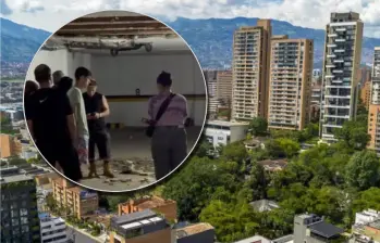 El desprendimiento de la parte de un techo de un parqueadero en una unidad residencial en Laureles causó pánico en sus residentes. Fotos: EL COLOMBIANO y cortesía.