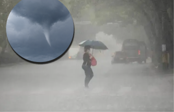 Adelante, captura de video que muestra la nube de embudo. Atrás, imagen de lluvias en Medellín. Foto: EL COLOMBIANO y captura de video.