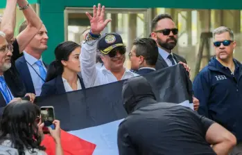 El presidente Petro desde Central Park en Nueva York acompañando la protesta de comunidades árabes contra Israel. Foto: Presidencia 