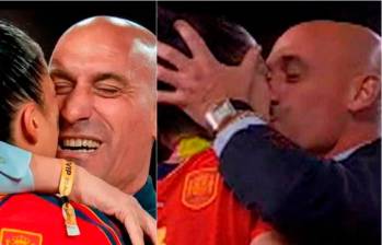 El expresidente de la Real Federación Española de Fútbol, Luis Rubiales, le dio un beso en la boca a la futbolista Jenni Hermoso después de que España ganara el Mundial Femenino de Mayores de 2023. FOTO: GETTY y capturas de pantalla