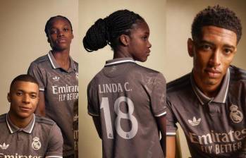 Linda Caicedo, Kylian Mbappé y Jude Bellingham presentan la tercera camiseta para la temporada 2024-25 del Real Madrid. FOTO: Cortesía Real Madrid