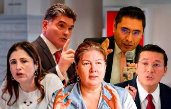 De izquierda a derecha: la defensora Iris Marín; el procurador Gregorio Eljach; Alejandra Barrios, directora de la MOE; Cristian Quiroz, director del CNE; y el registrador Hernán Penagos. FOTOS: ARCHIVO.