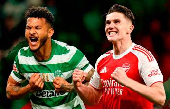 El colombiano Luis Javier Suárez y el sueco Viktor Einar Gyökeres, dos goleadores natos en el clásico del día. FOTO GETTY 