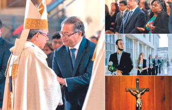 1. El Presidente habló con monseñor Luis José Rueda, Arzobispo de Bogotá, en la misa de homenaje a las víctimas. 2. La vicepresidenta Francia Márquez acompañó al Jefe de Estado. Familiares de víctimas y magistrados hicieron homenaje en el Palacio de Justicia a quienes murieron en la toma. FOTOS CORTESÍA FOTOS CORTESÍA Y COLPRENSA