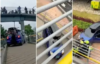 El Chevrolet Spark azul fue inmovilizado en Cajicá tras convertirse en uno de los vehículos más denunciados por infracciones de tránsito y por el intento de subir un puente peatonal en Bogotá. FOTO: Captura de video.