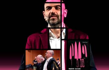 Roberto Saviano, autor de Gomorra. Abajo la imagen durante el juicio en Roma en el que se confirmó la amenaza de muerte lanzada por la Camorra. Al lado su libro. FOTOS Getty, cortesía y captura de video