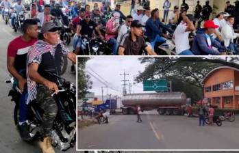 Adelante, actual bloqueo en el municipio de Caucaasia. Atrás, imágenes del pasado paro de marzo en el Bajo Cauca. FOTO: Julio Herrera e imagen tomada de redes sociales