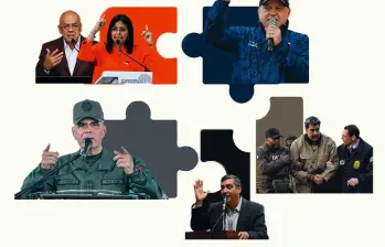 En la esquina superior izquierda, los hermanos Rodríguez, Delcy y Jorge; en la esquina superior derecha, Diosdado Cabello; en la esquina inferior derecha, Vladimir Padrino; en el medio, el general Miguel Rodríguez Torres; en la esquina inferior derecha, el dictador Nicolás Maduro Moros, ahora preso en Nueva York. 