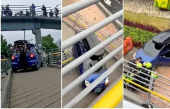 Las autoridades identificaron al conductor y al propietario del vehículo que invadió un puente peatonal en Bogotá. Ambos enfrentan comparendos y el carro podría ser inmovilizado. FOTO: @pasaenbogota vía X.