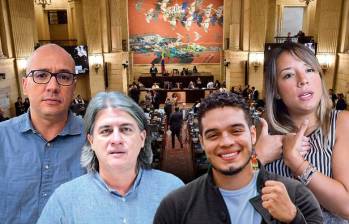 De izquierda a derecha, los candidatos a la Cámara de Representantes: Néstor Restrepo (Partido Liberal), Rafael Nanclares (Coalición Ahora Colombia), Hernán Muriel (Pacto Histórico) y Nátaly Vélez (Cambio Radical). FOTOS: EL COLOMBIANO, Colprensa y redes sociales