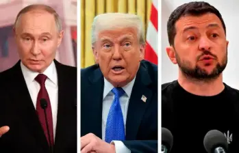 De izquierda a derecha, los presidentes de Rusia, Estados Unidos y Ucrania: Vladimir Putin, Donald Trump y Volodimir Zelenski. FOTO: ARCHIVO.