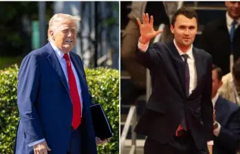 El presidente Donald Trump (a la izquierda) expresó sus condolencias tras el asesinato del influencer y activista Charlie Kirk (a la derecha), uno de sus fieles aliados políticos. FOTO: AFP
