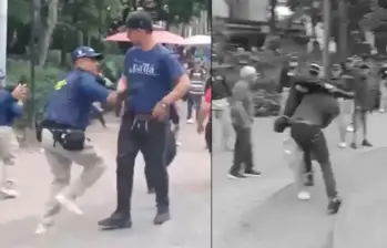 En un video, difundido en redes sociales, los grupos de gestores de convivencia de la Secretaría de Seguridad de Medellín fueron captados agrediendo a un ciudadano venezolano. Al parecer, los agredidos estarían cometiendo varias infracciones en el Parque Bolívar. FOTO: TOMADA DE VIDEO