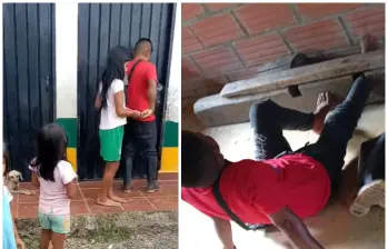 Fotogramas del video en los que se observa al hombre abriendo la puerta de una escuela y luego siendo castigado con un cepo. FOTO: Cortesía