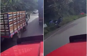 Momento en el que el motociclista fue arrinconado y resultó volando por los aires. FOTO: Cortesía Denuncias Antioquia