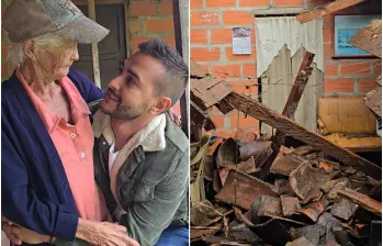 Doña Amparo junto al influenciador Juan Camilo Vélez. A la derecha, aspecto de los daños de su casa. FOTOS: Cortesía