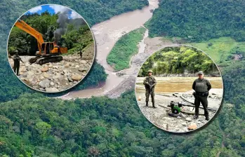 Fue destruida maquinaria de minería ilegal en operativos del Ejército y la Policía en el río Samaná, en Nariño. También en La Pintada destruyeron maquinaria y capturaron a una persona. FOTOS: Séptima División del Ejército Nacional