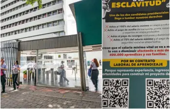 En los pasillos del Sena en Medellín los sindicatos reparten volantes a estudiantes y profesores con material propagandístico para la segunda vuelta presidencial. FOTOS: Esneyder Gutiérrez y Cortesía