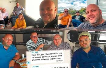 Arriba (izq) Jorge Liévano, Álvaro Villada y Miguel Quintero con Alethia Arango, otra imputada por presunta corrupción, en las oficinas de Metroparques. Arriba también (der), Villada, Liévano y Quintero en una finca; abajo, los mismos tres con Edison López en un restaurante de Laureles. FOTOS CHAT DE “AMIGOS”