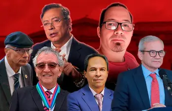De izquierda a derecha: Manuel Casanova, Jorge Lemus, el presidente Gustavo Petro, René Guarín, Wilmar Mejía y el prófugo Carlos Ramón González, los personajes cuyo desempeño en torno a la Dirección Nacional de Inteligencia (DNI) ha sido ampliamente criticado. FOTOS: ARCHIVO.