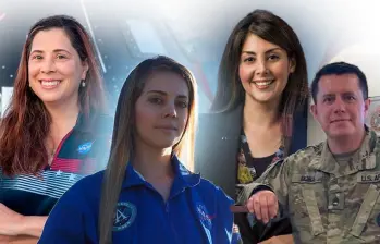 De izquierda a derecha: Liliana Villareal, directora de aterrizaje y recuperación de Artemis 2; Sara Rengifo, ingeniera en el Centro de Vuelos Espaciales Marshall; Diana Trujillo, directora de vuelo en el Centro Espacial Johnson, y Luis Felipe Mora, ingeniero de pruebas estructurales. FOTOS cortesía