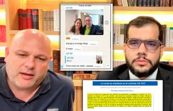 Miguel Quintero (izq.) recibía informes sobre los avances, por ejemplo esta notificación de Álvaro Villada (centro) de que ya estaba lista la contratación de Ana María Roldán. Abajo, un aparte de al declaración de Misael Cadavid donde habla del rol del hermano del entonces alcalde de Medellín. FOTOS: IMAGEN DE TRANSMISIÓN DE AUDIENCIA Y EXPEDIENTE